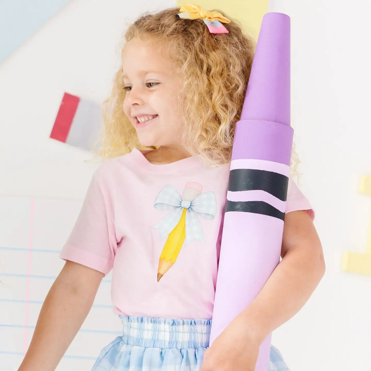 Blue Plaid Pencil Bow Short Sleeve T-Shirt - Back To School