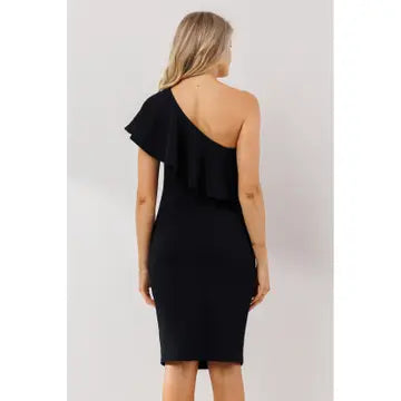 One Shoulder Ruffle Maternity Dress | Black