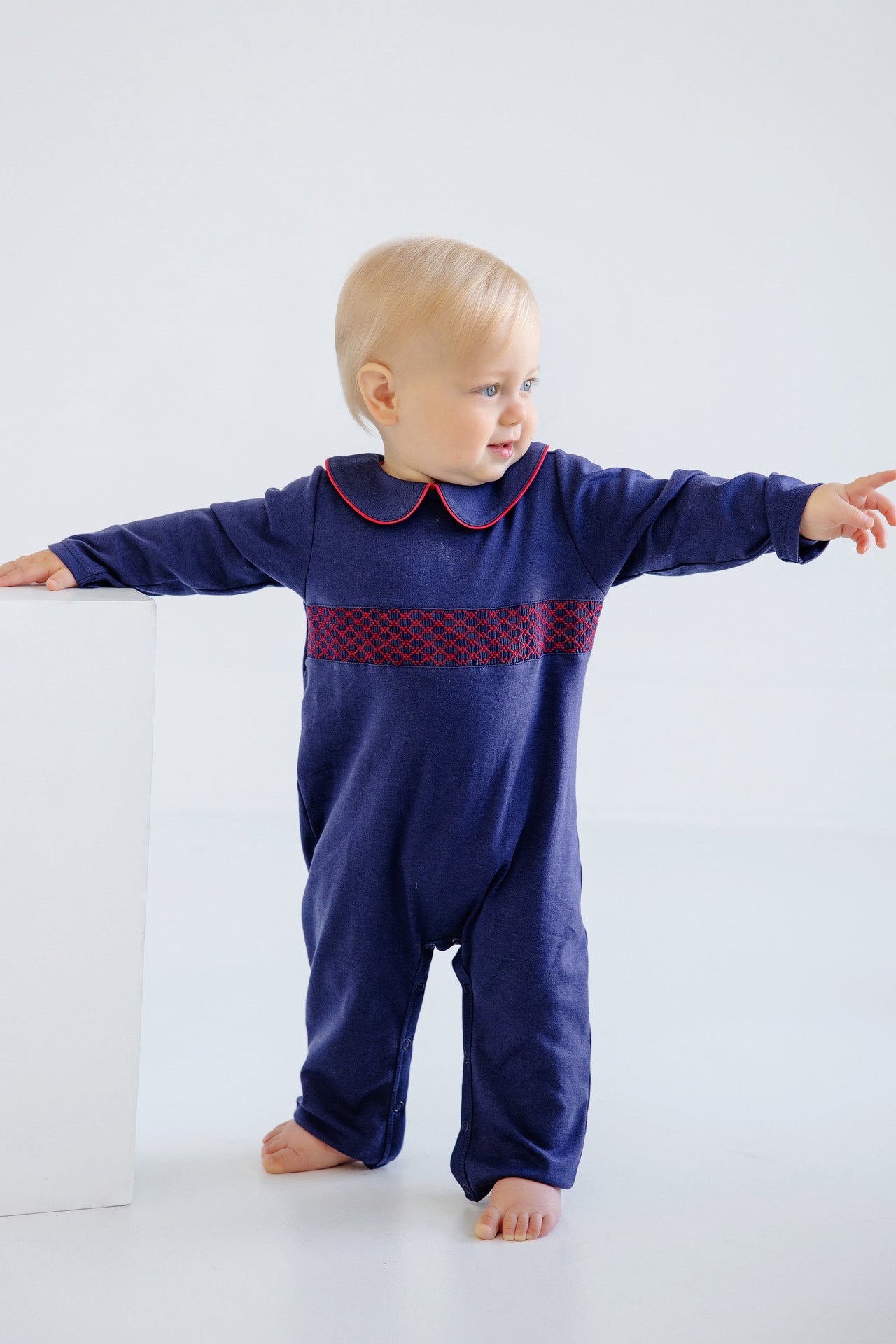 Samuel Smocked Romper Nantucket Navy with Richmond Red Smocking