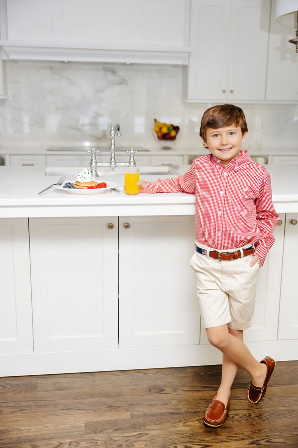 Dean's List Dress Shirt | Richmond Red Mini Gingham with Worth Avenue White Stork