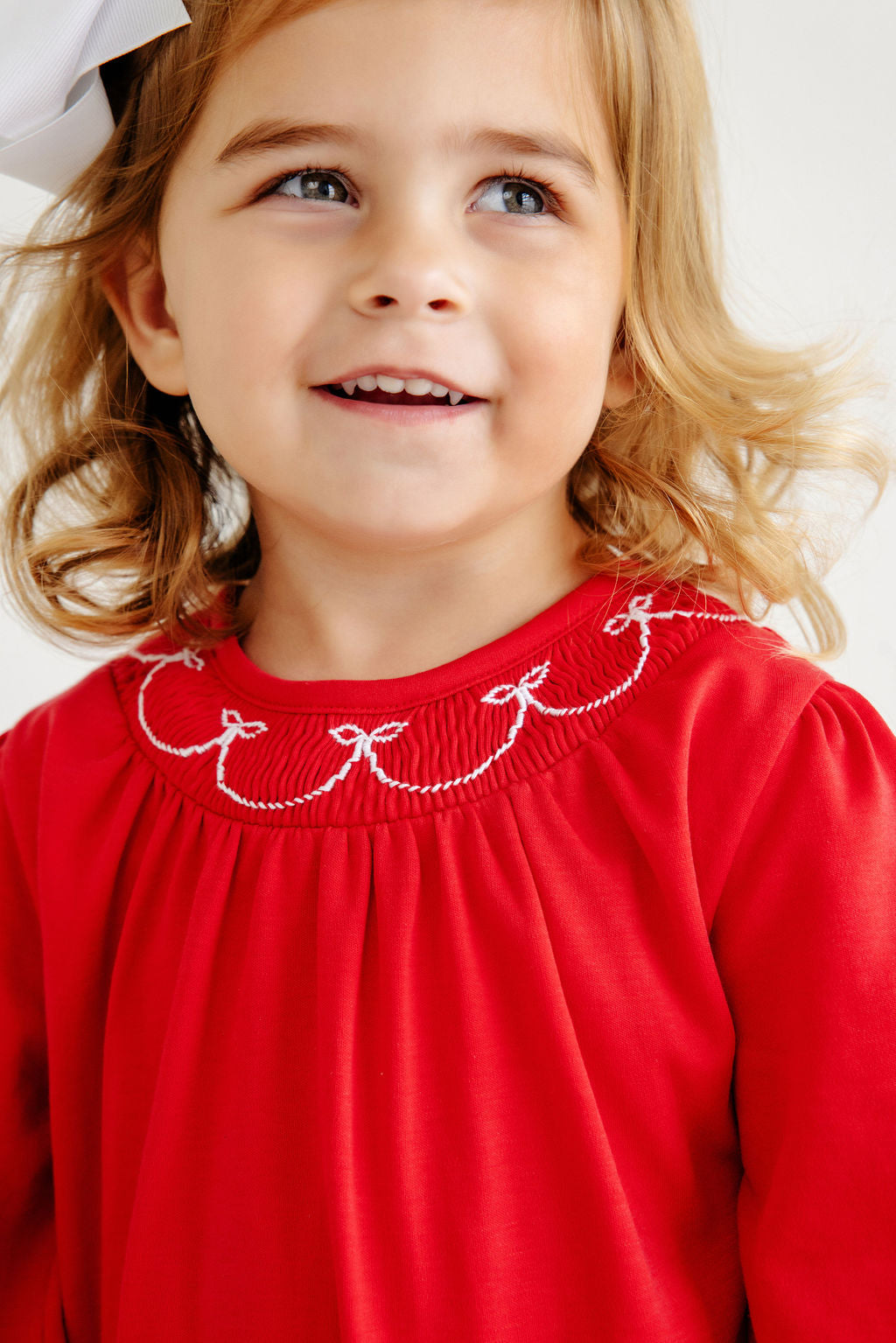 Long Sleeve Bridget Romper Richmond Red with Worth Avenue White Bow Smocking