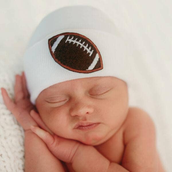 Chenille Football Newborn Boy Hat Hospital Hat | White