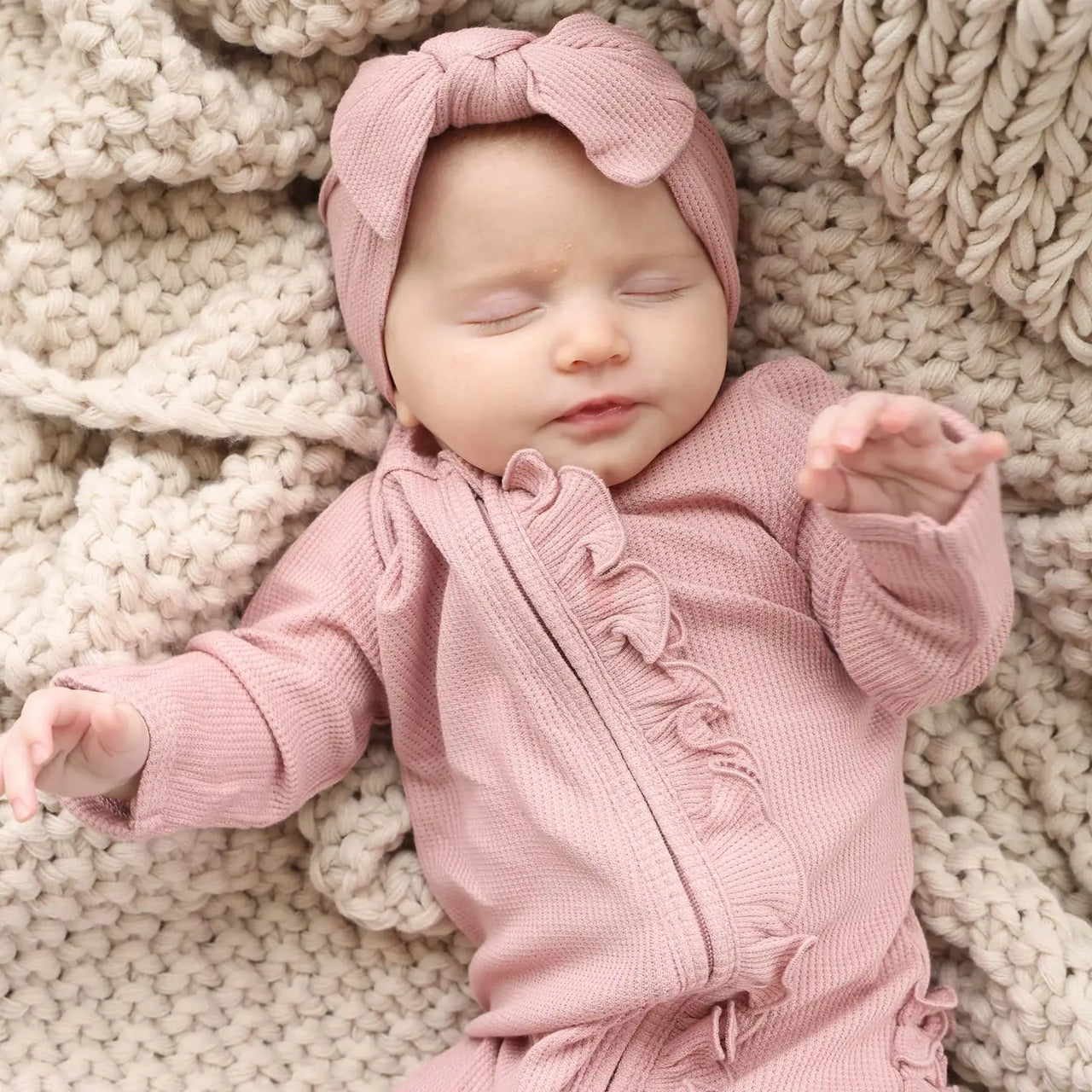 Vintage Rose Bamboo Waffle Zipper Ruffle Footie