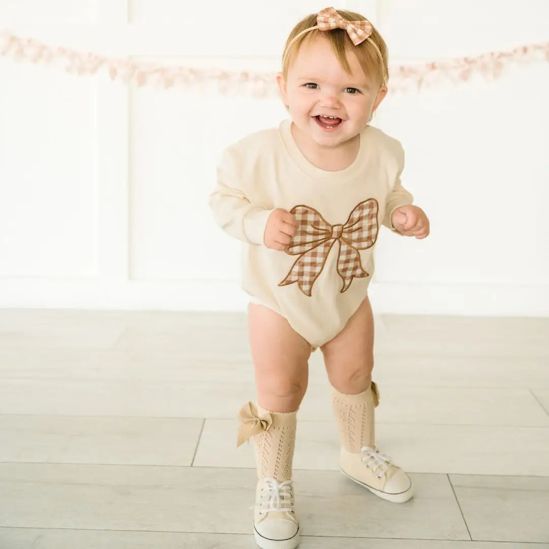 Gingham Bow Patch Long Sleeve Romper | Natural