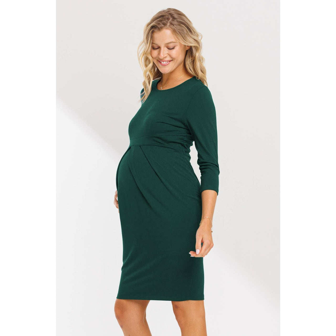 Pleated Quarter Sleeve Maternity Solid Dress | Hunter Green