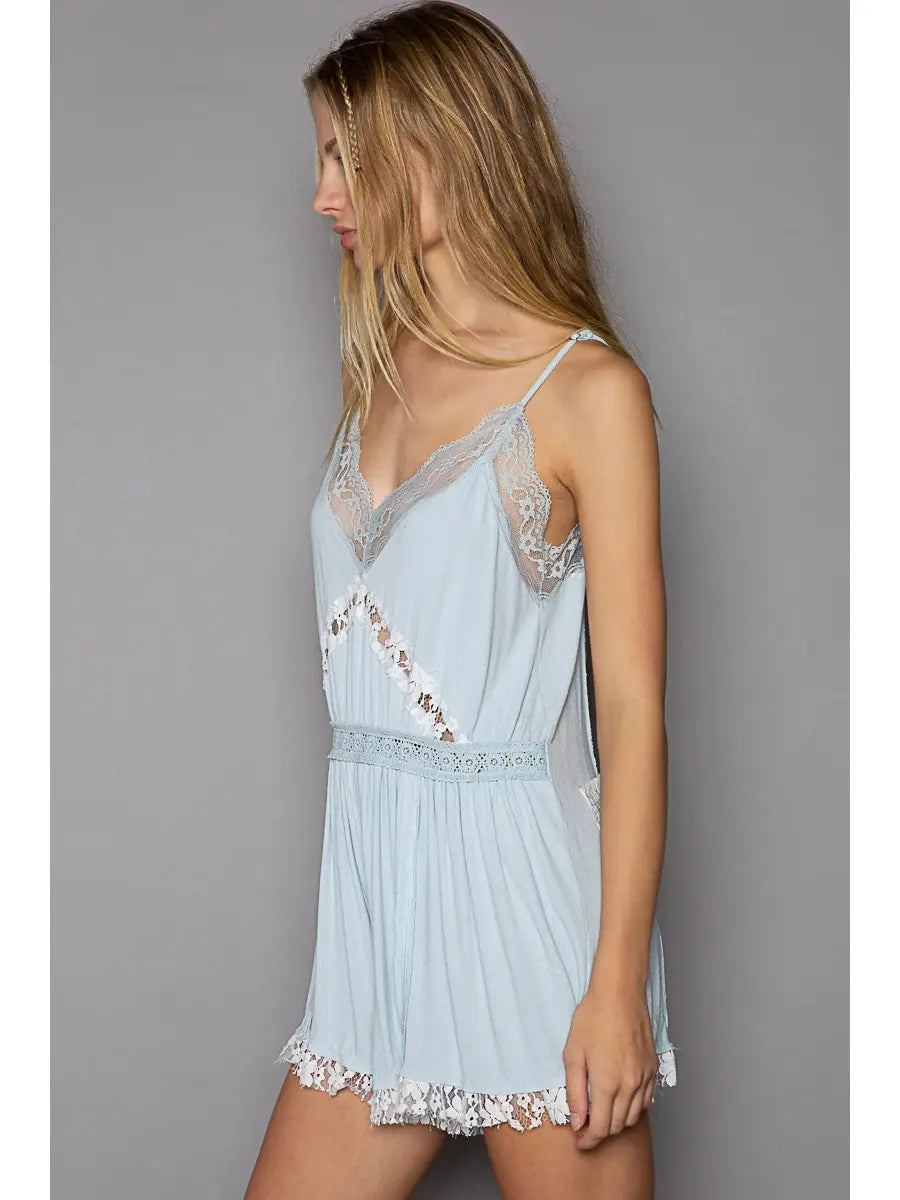 Relaxed Fit Lace Trim Romper || Sky Blue