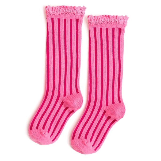 Vertical Striped Lace Top Knee High Socks - Taffy Pink