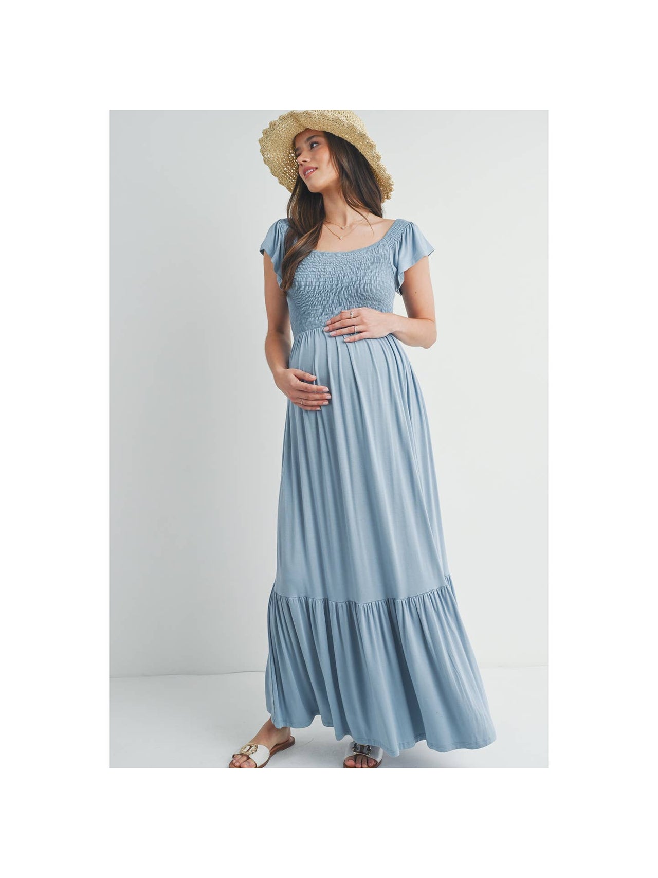 Off Shoulder Flutter Sleeve Maternity Maxi Dress | Chambray