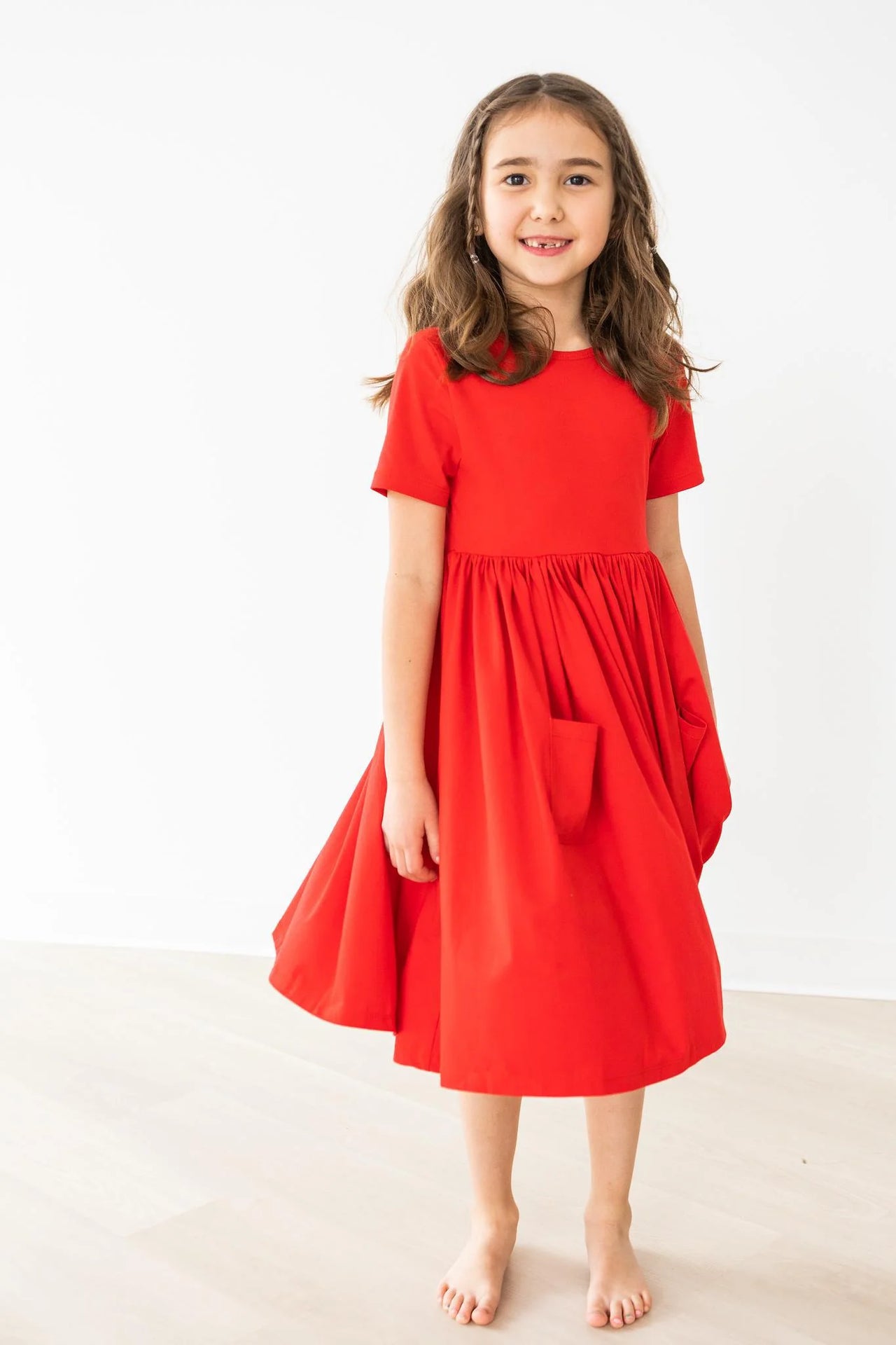 Red Short Sleeve Pocket Twirl Dress