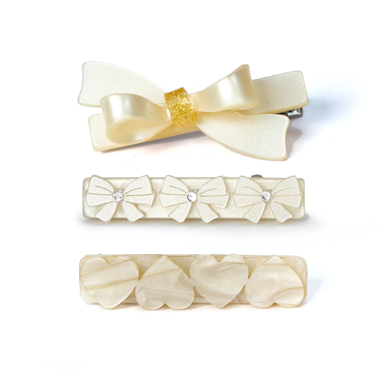 Bows and Hearts Pearl White Hair Clip Set
