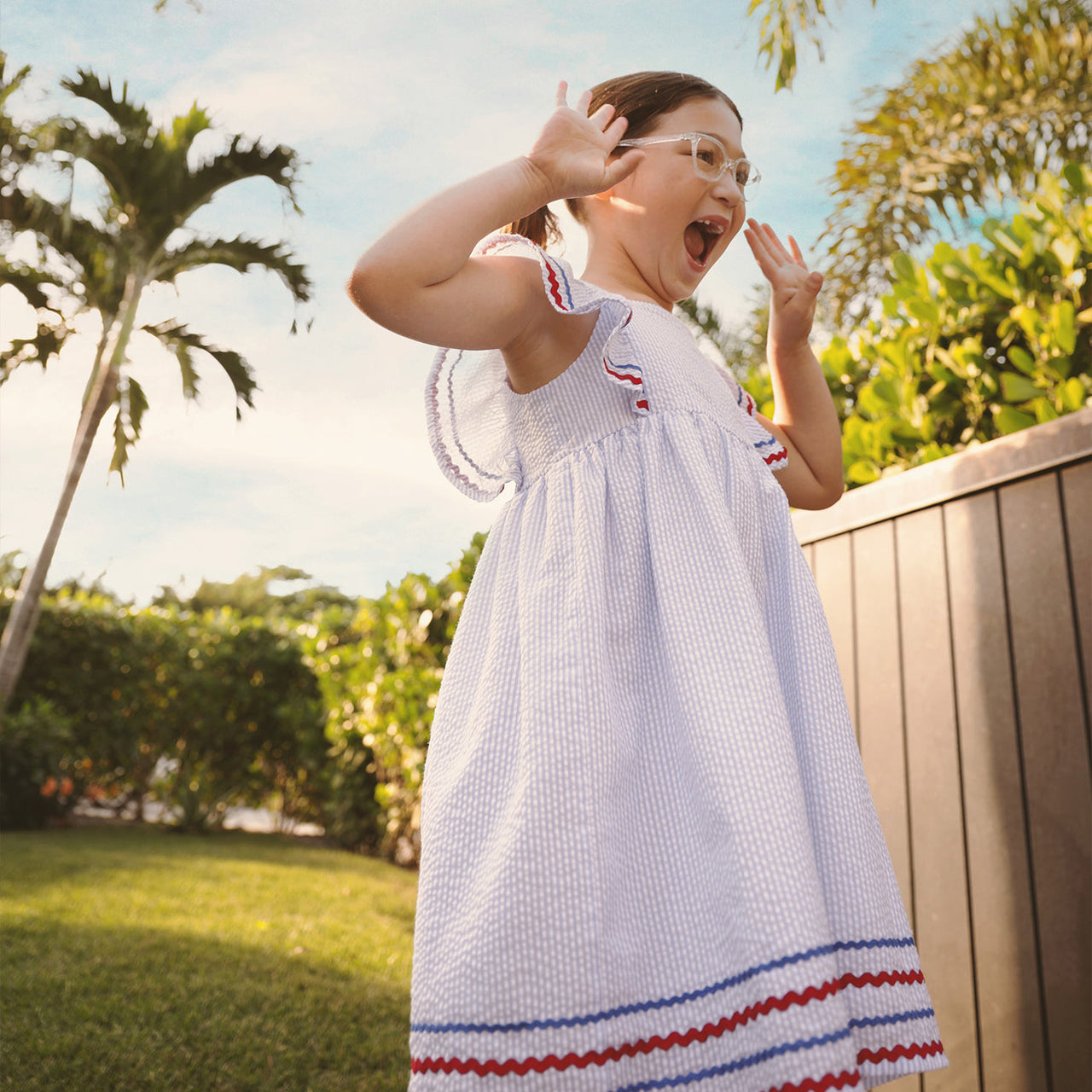 Short Sleeve Flutter Sleeve Dress | Seersucker Stripe