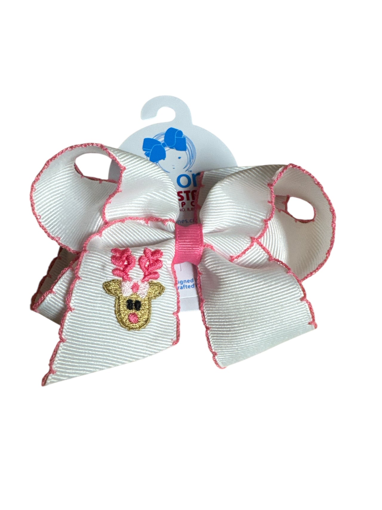 Medium Grosgrain Hair Bow w/ Pink Moonstitch Edge & Reindeer Embroidery