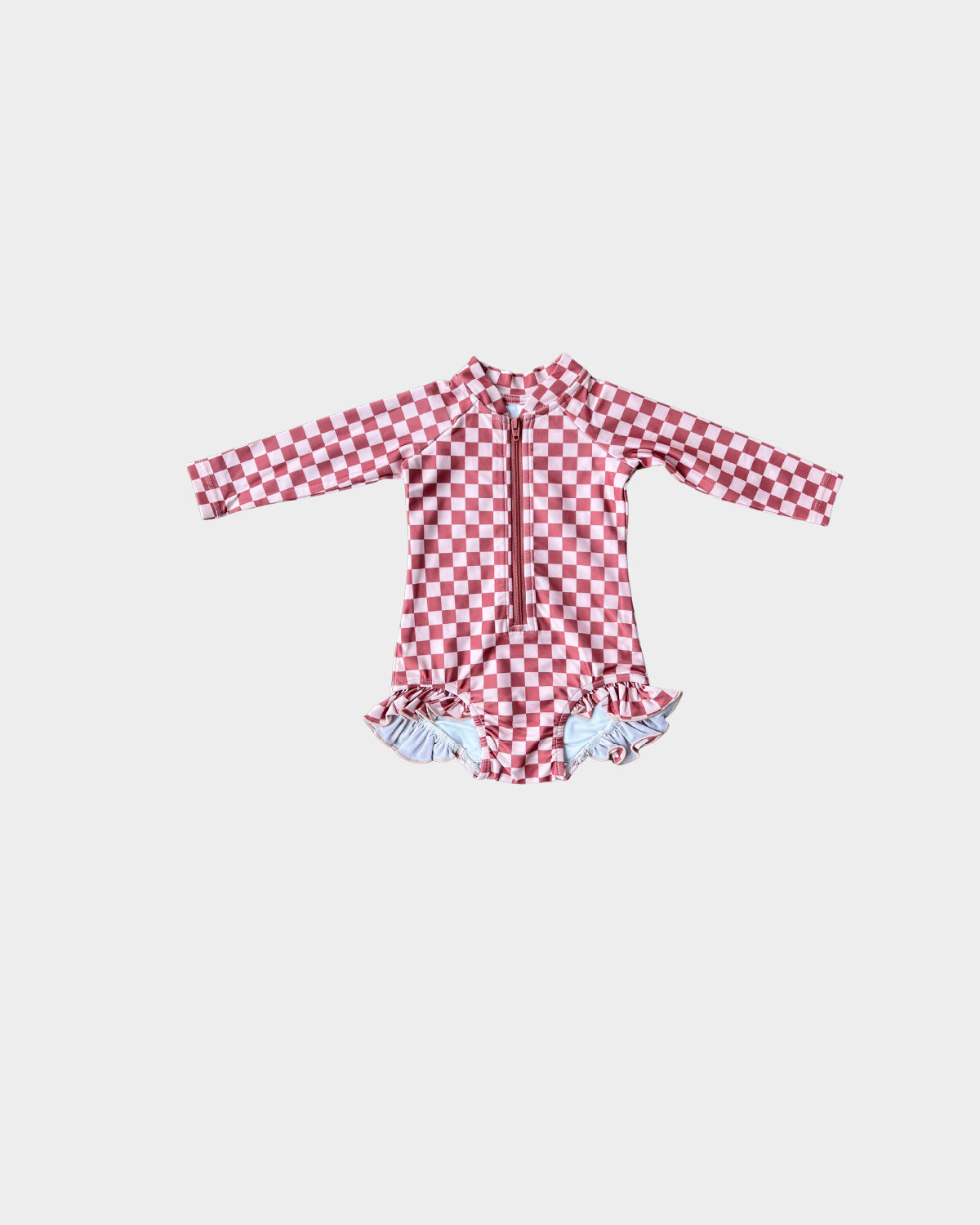 Girl's One-Piece Ruffle Rashguard Swimsuit || Strawberry Checkered