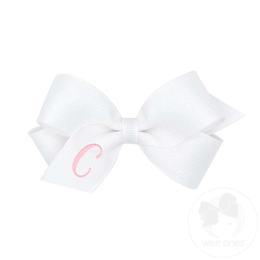 Mini Monogrammed Grosgrain Hair Bow | White with Light Pink Initial