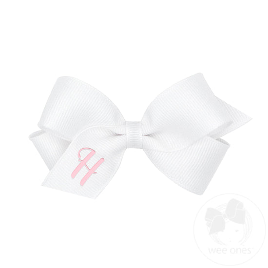 Mini Monogrammed Grosgrain Hair Bow | White with Light Pink Initial