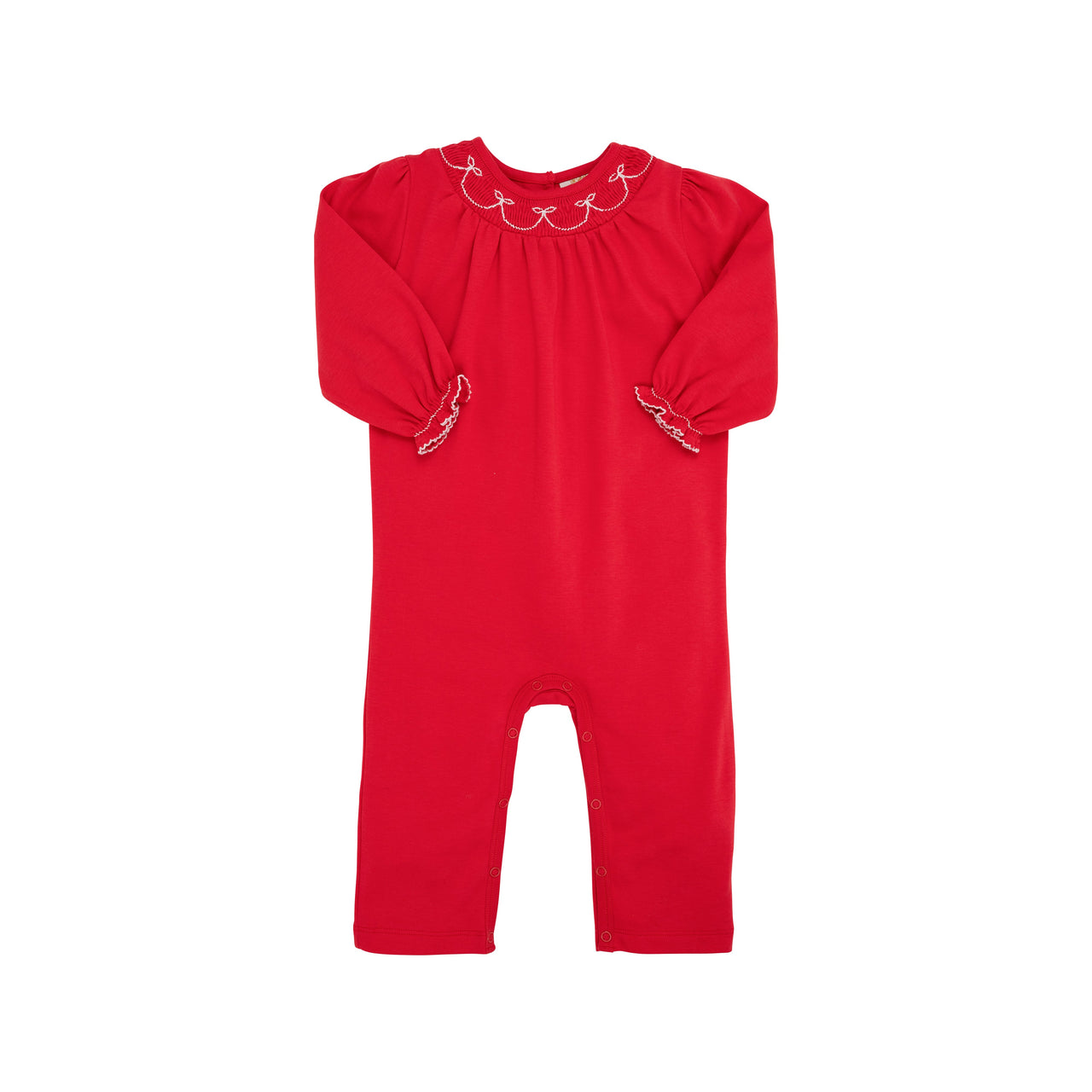 Long Sleeve Bridget Romper Richmond Red with Worth Avenue White Bow Smocking