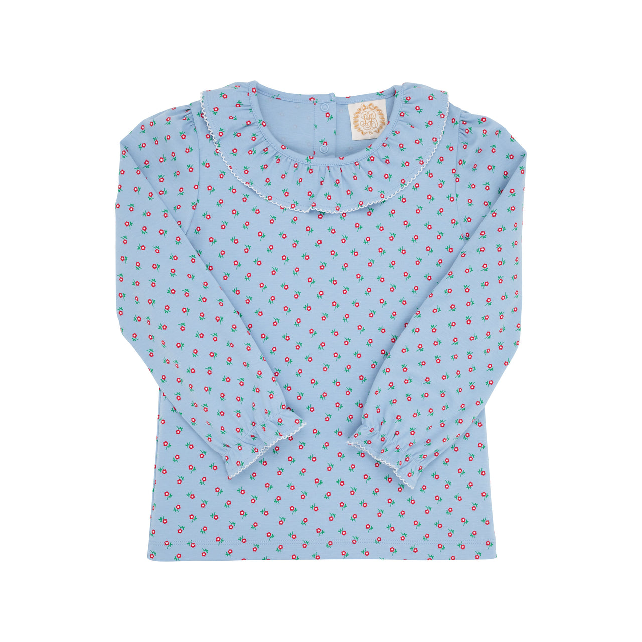 Long Sleeve Ramona Ruffle Collar Shirt | Barrington Blue Midway Micro Floral With Palmetto Pearl