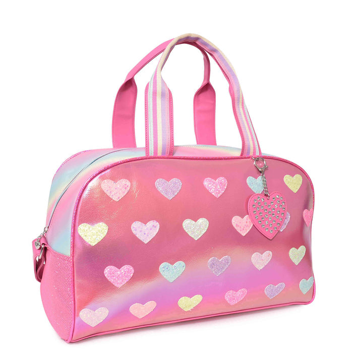 Metallic Heart-Patched Pink Duffle Bag