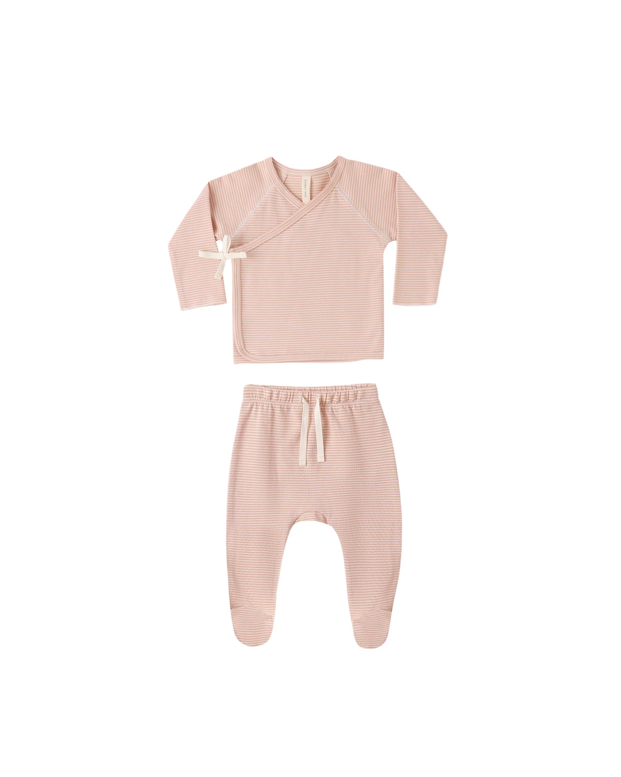 Wrap Top + Footed Pant Set | Melon Micro Stripe