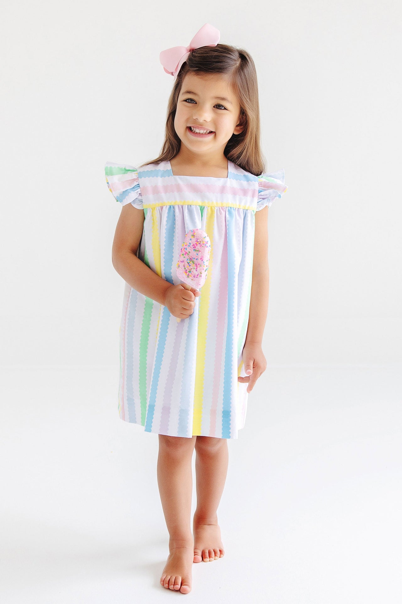 Rosemary Ruffle Dress | Wellington Wiggle Stripe With Pier Party Pink