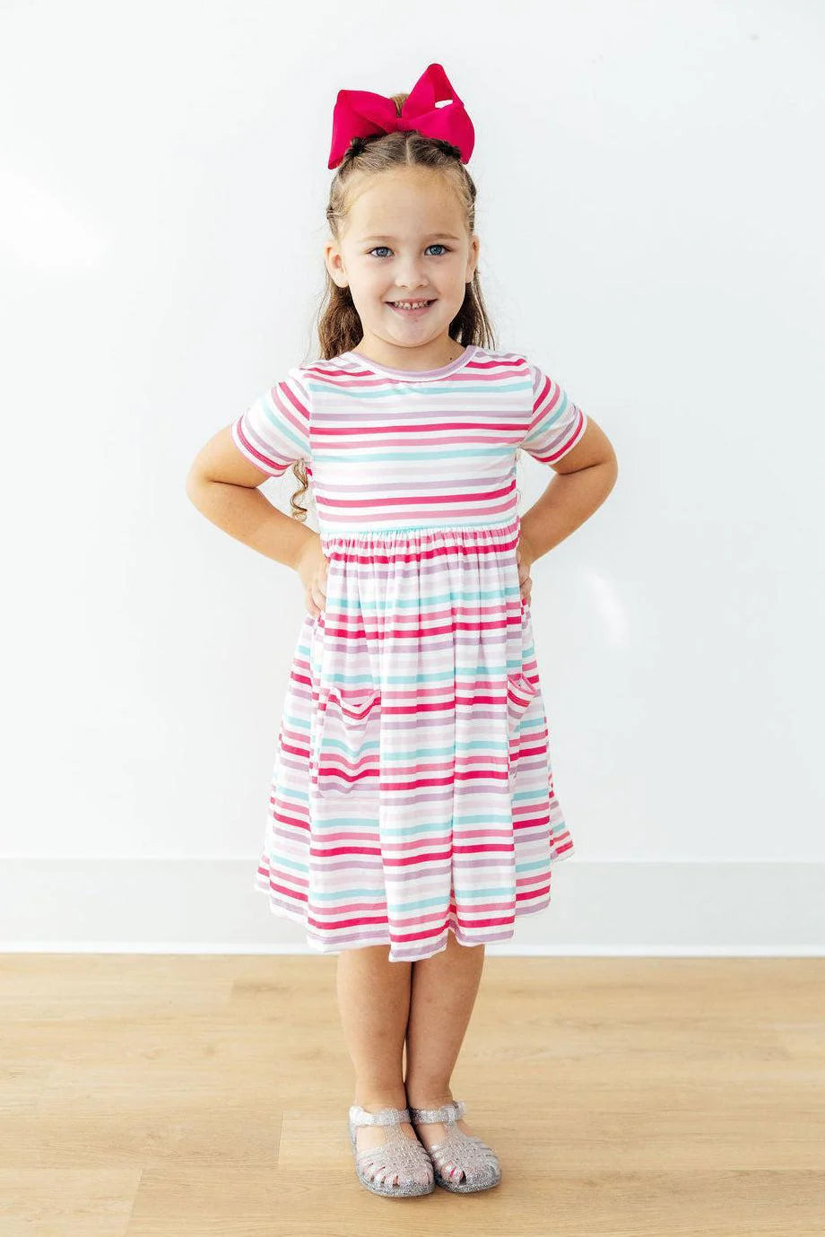 Pastel Stripes Short Sleeve Pocket Twirl Dress