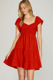 Flutter Sleeve Smock Tiered Sweetheart Neck Dress