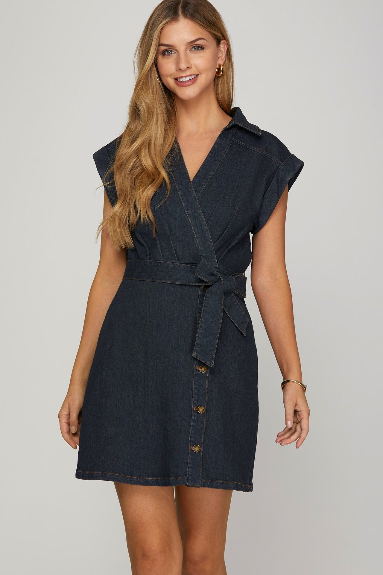Short Sleeve Surplice V Neck Denim Mini Dress
