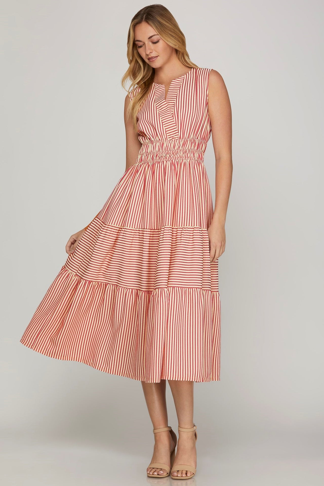 Sleeveless Woven Striped Tiered Midi Dress