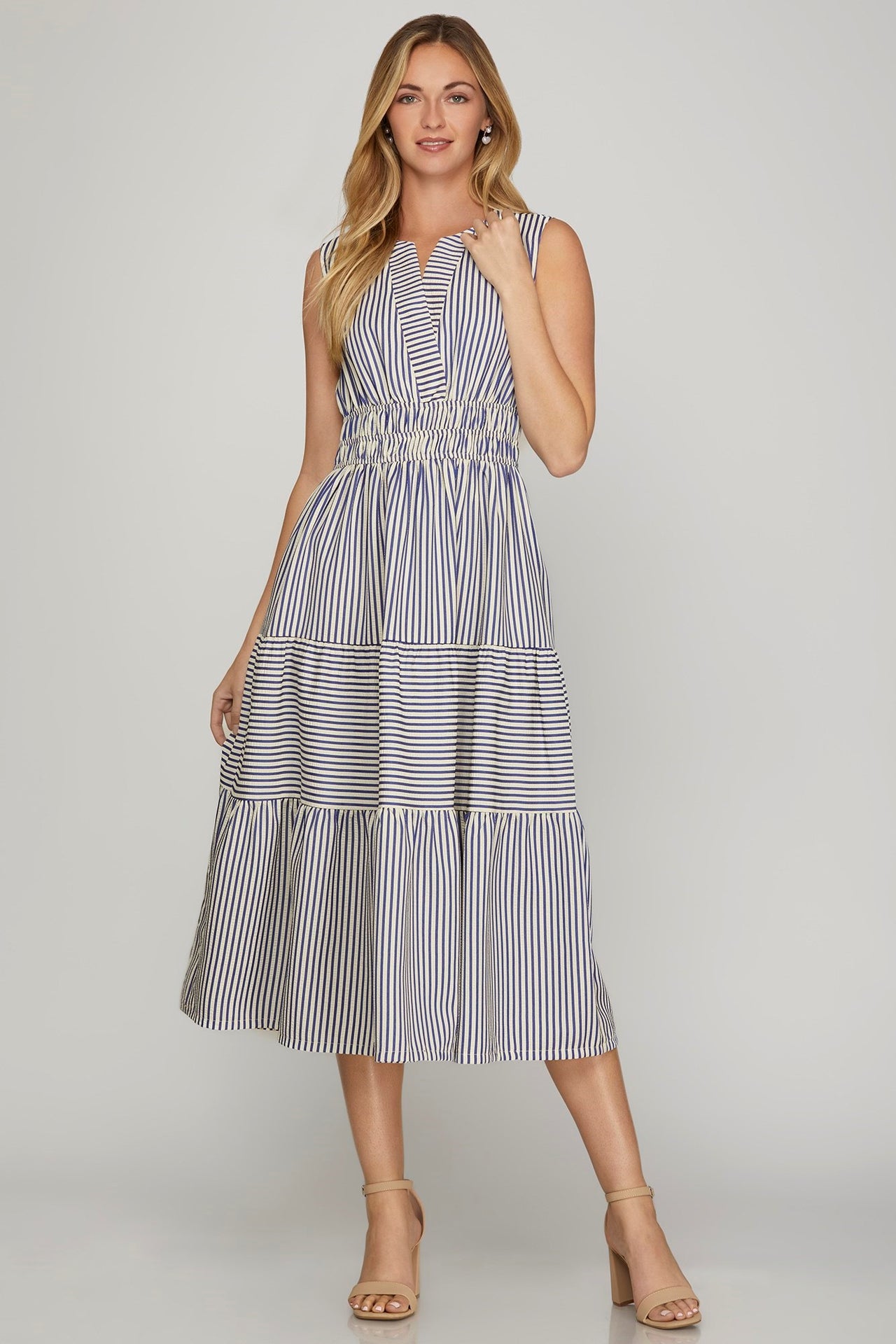 Sleeveless Woven Striped Tiered Midi Dress