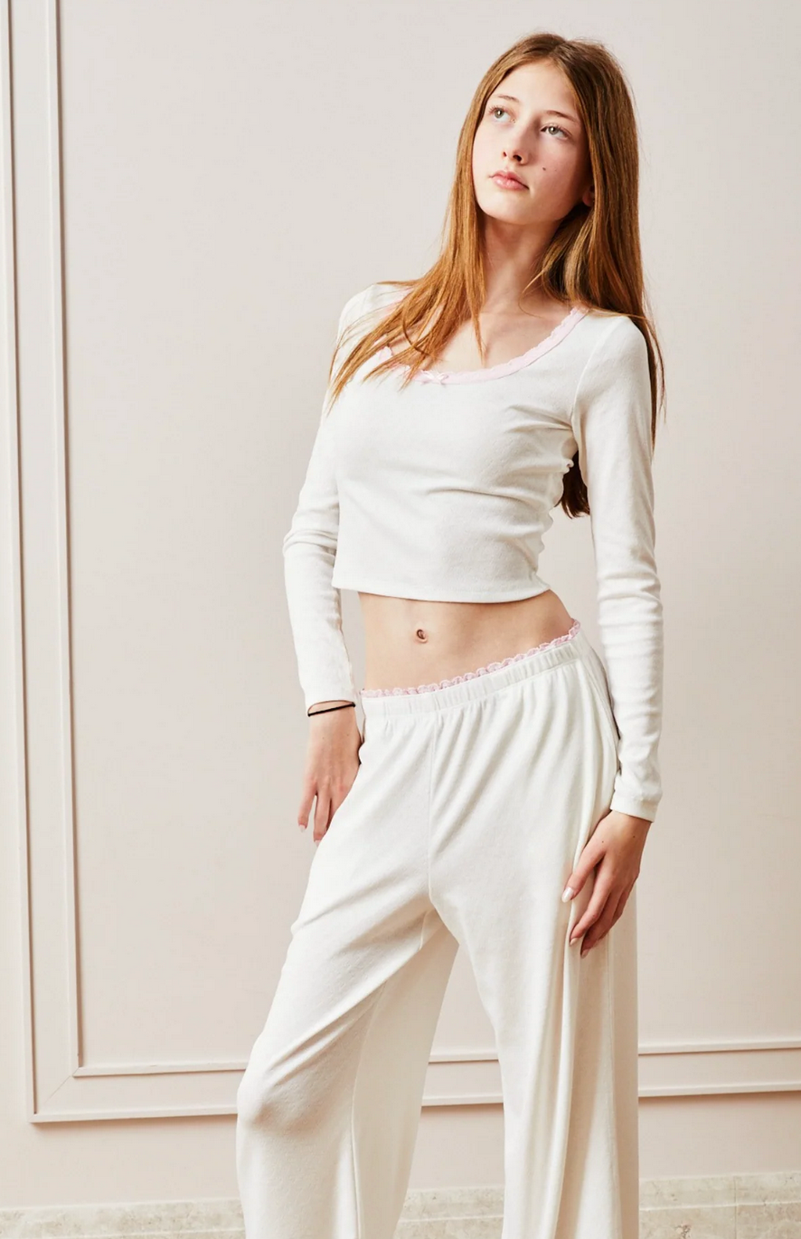 Jax Heart Pointelle Long Sleeve White with Pink Lace