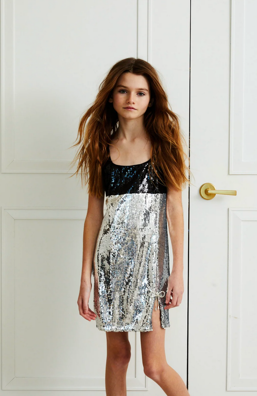 Nelly Silver & Black Sequin Dress with Bow