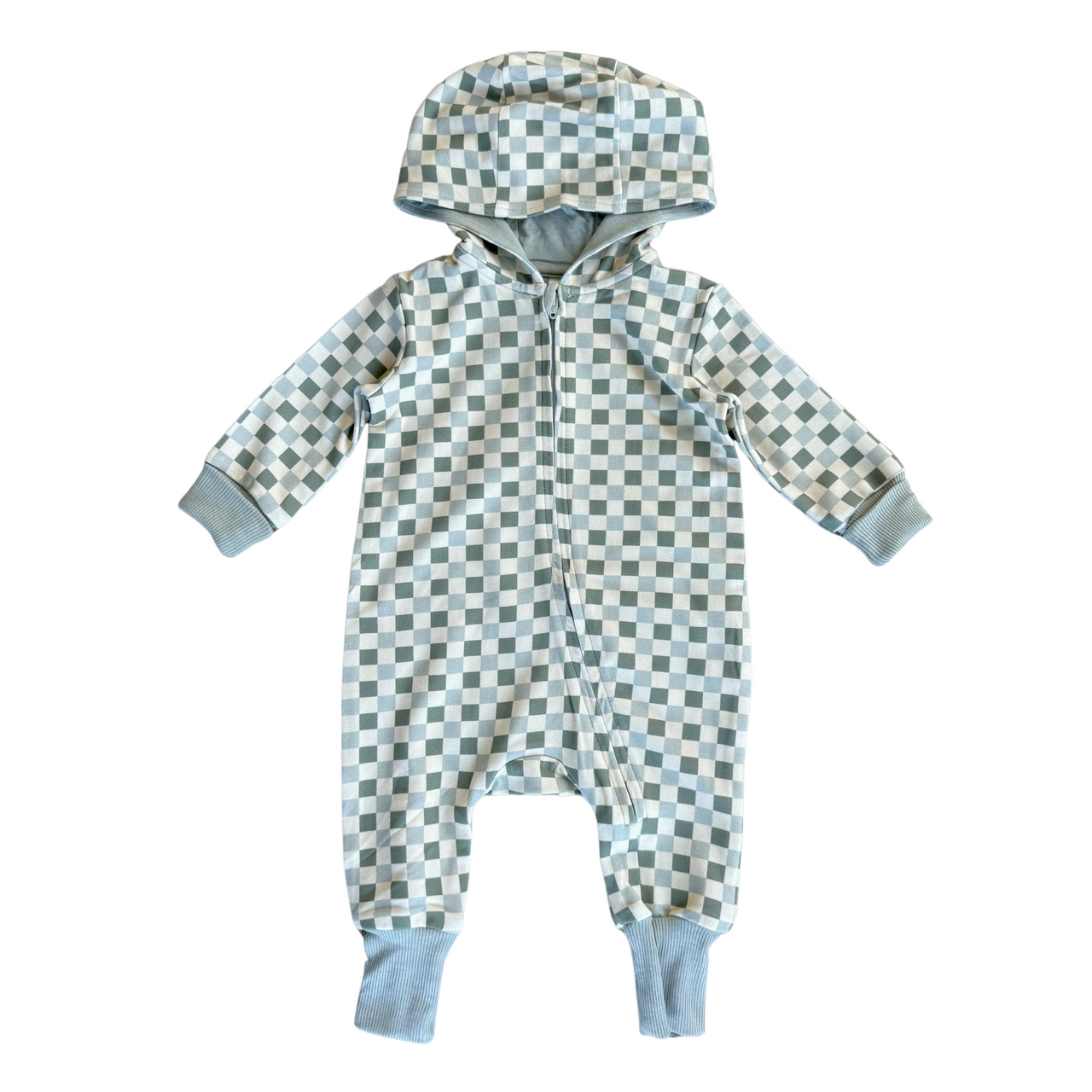 Baby Hooded Zip Romper | Fern Checkered