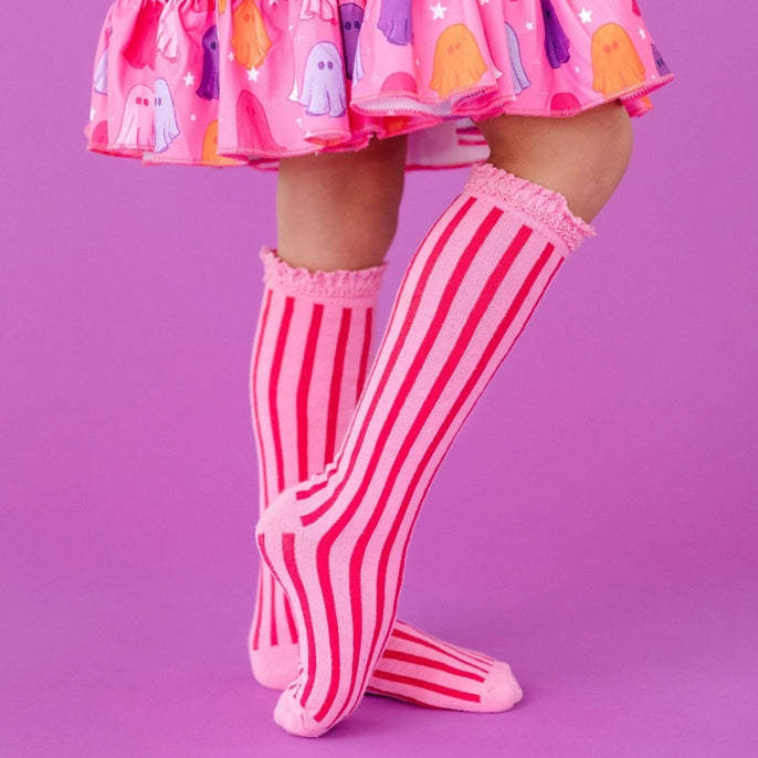 Vertical Striped Lace Top Knee High Socks - Taffy Pink