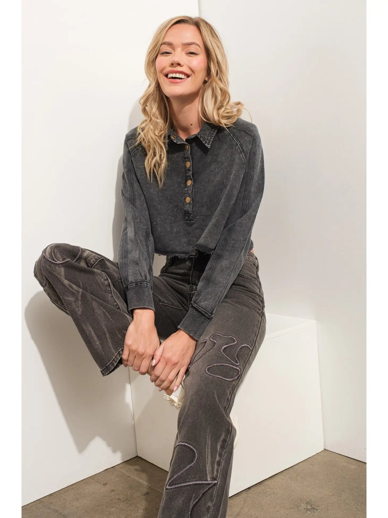 French Terry Washed Button Up Crop Sweatshirt || Charcoal - **FINAL SALE**