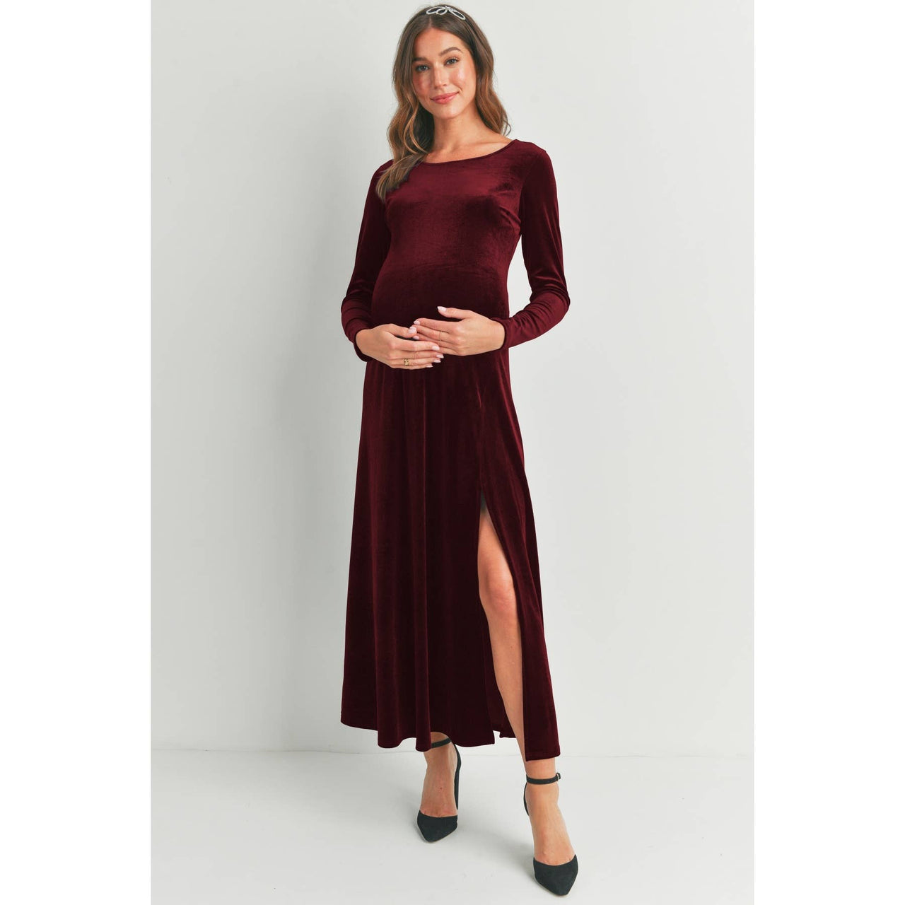 Velvet Long Sleeve Maternity Midi Dress