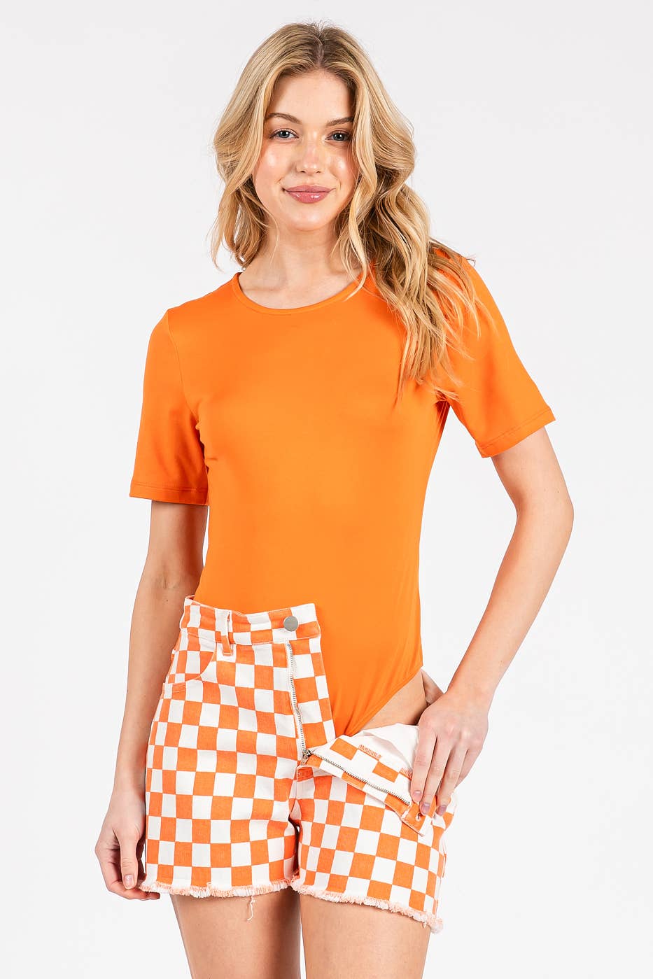 Round Neck Short Sleeve Bodysuit | Orange