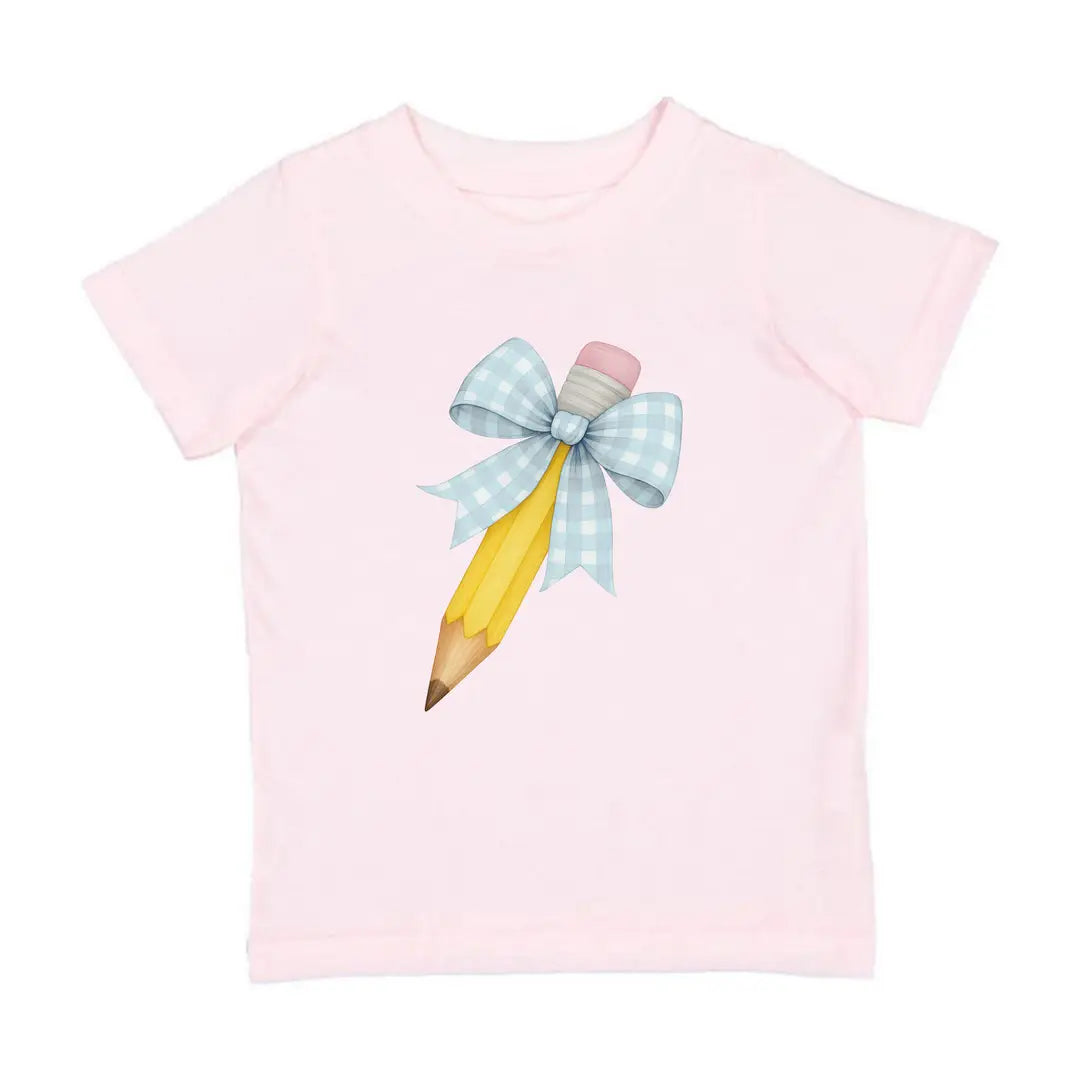 Blue Plaid Pencil Bow Short Sleeve T-Shirt - Back To School