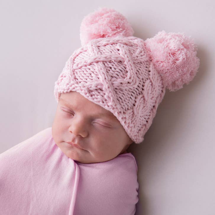 Newborn Baby Aran Double Pom Pom Beanie Hat | Pink