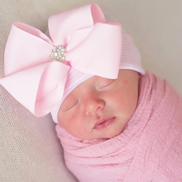 Bella Pink and White Striped Hospital Hat With Pink Ribbon Bow