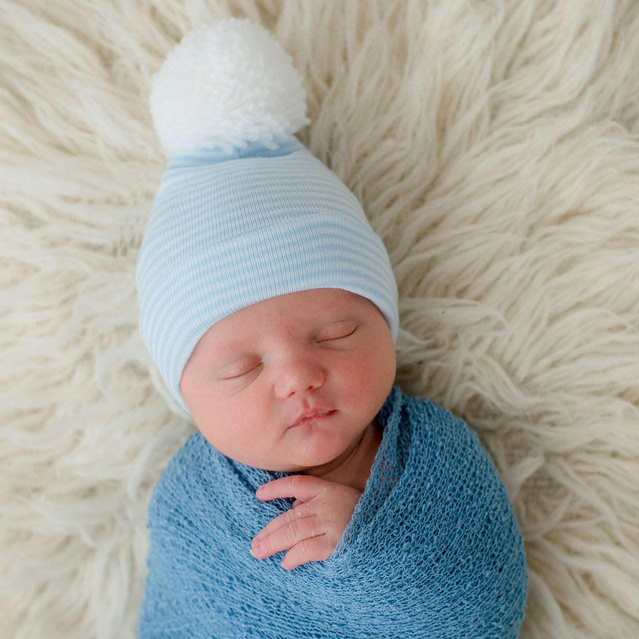 Wide Blue and White Striped Newborn Baby Boy Hospital Beanie