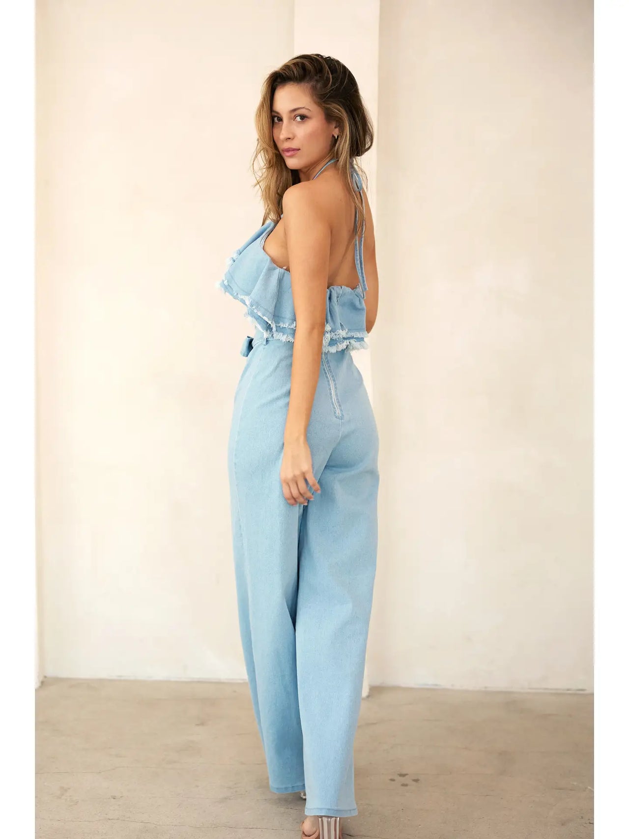 Denim Double Frayed Ruffle Halter Jumpsuit