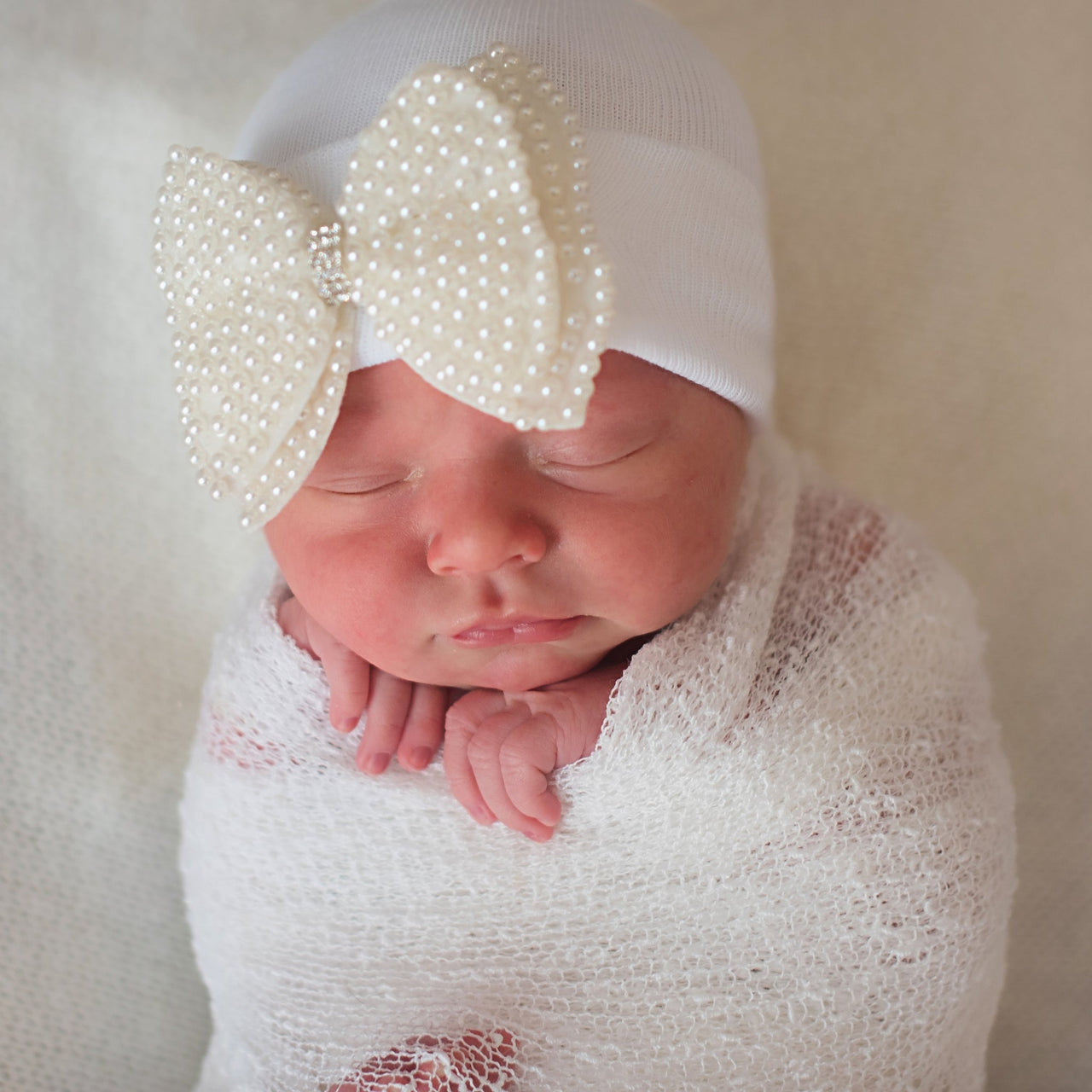Pearl Rhinestone White Hospital Hat Newborn Girl