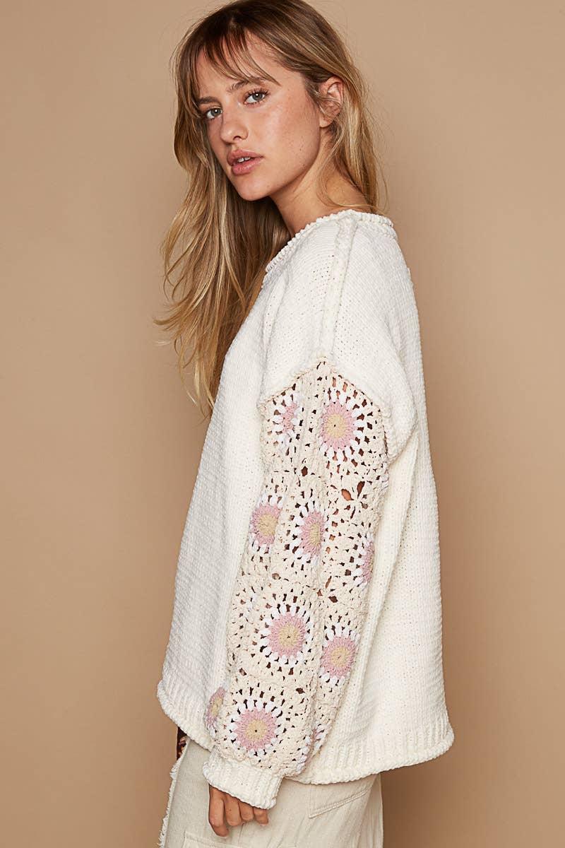 Contrast Sleeve Chenille Sweater | Cream Multi