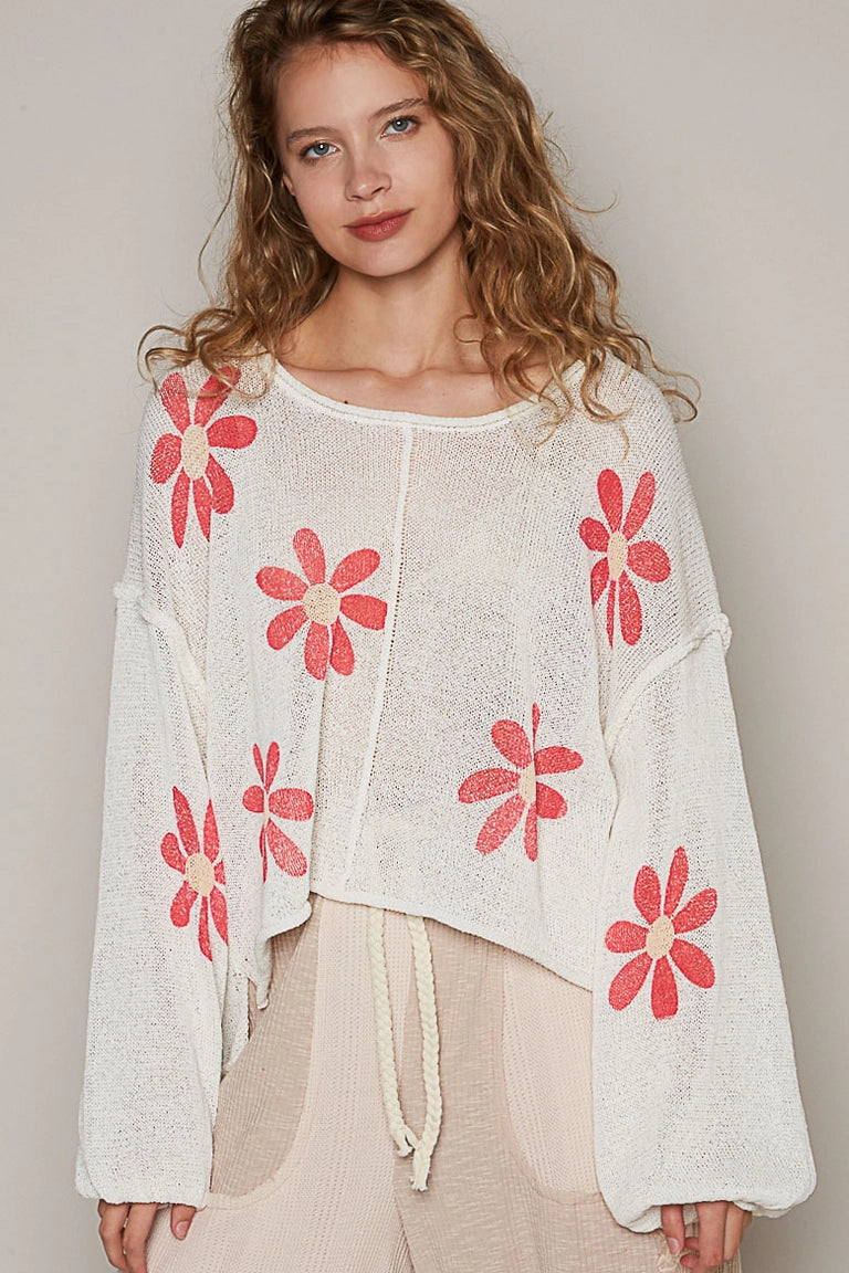 Round Neck Balloon Sleeve Floral Prints Sweater | Ivory