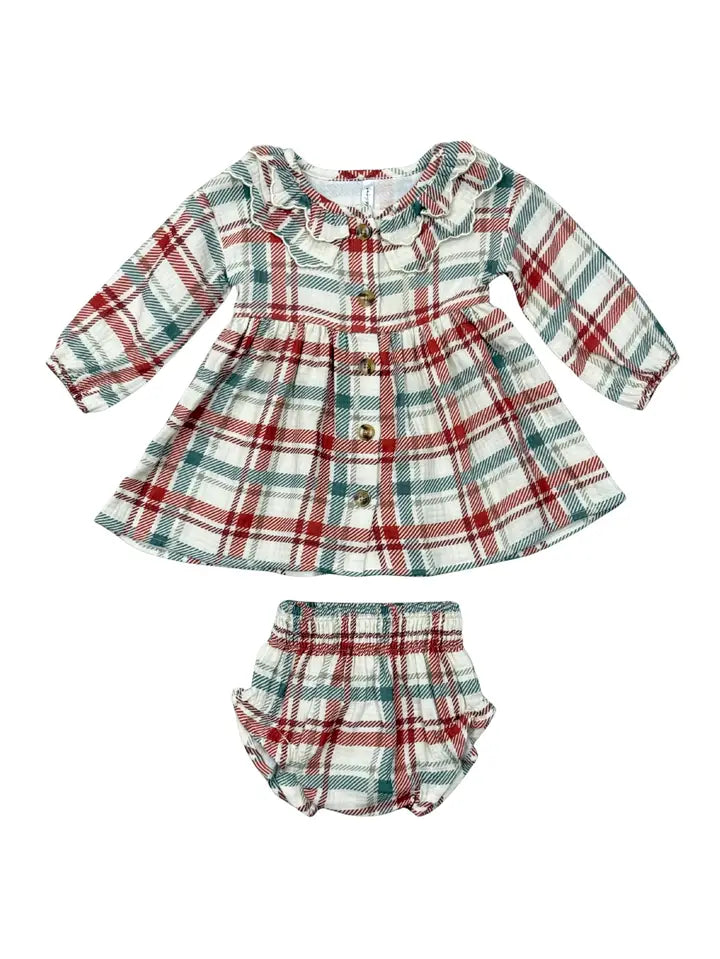 Girl's Ruffled Collar Dress Set | Tartan Plaid