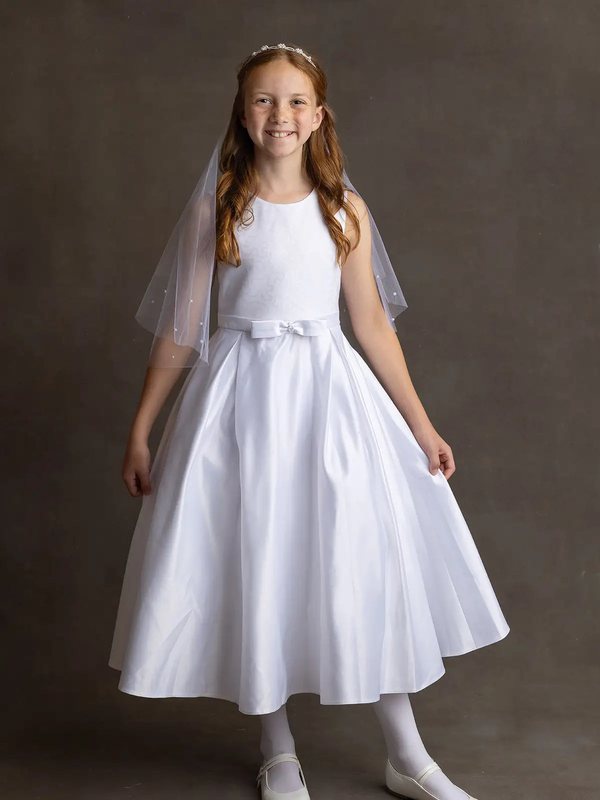 Sequin Bodice Satin Bow Communion Dress