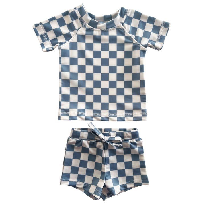 Boy's Blue Checkered Rashguard Set