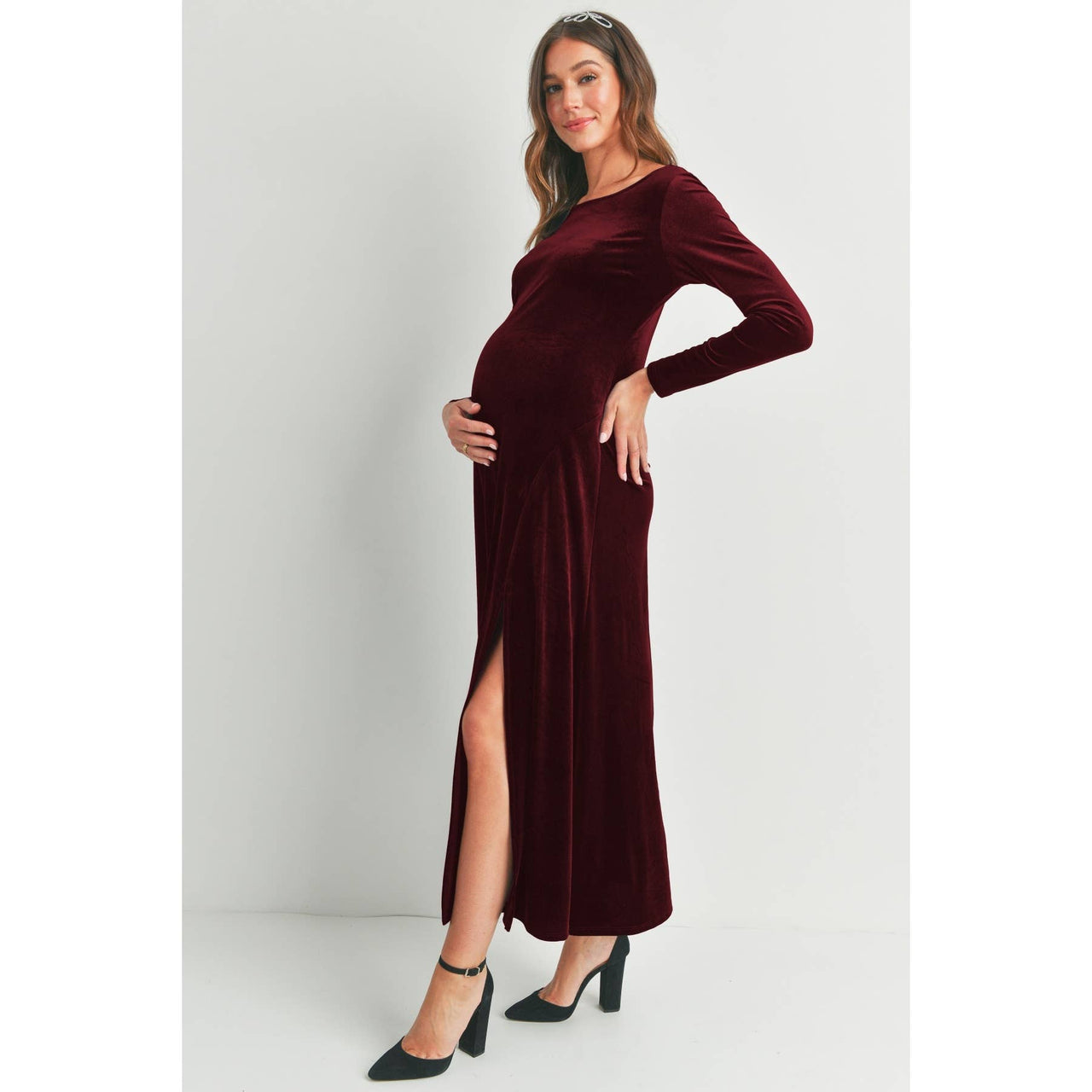 Velvet Long Sleeve Maternity Midi Dress