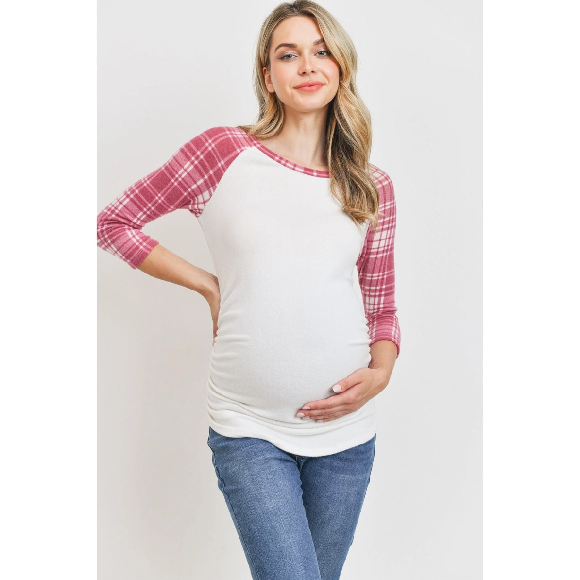 3/4 Sleeve Plaid Raglan Maternity Knit Top