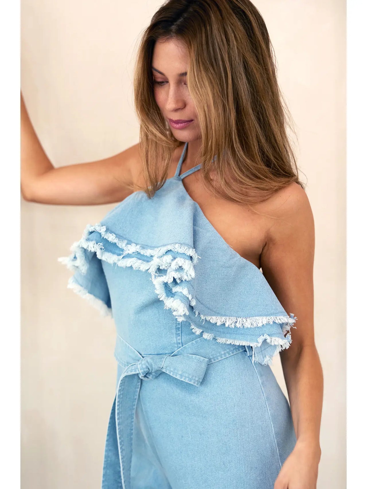 Denim Double Frayed Ruffle Halter Jumpsuit **FINAL SALE**